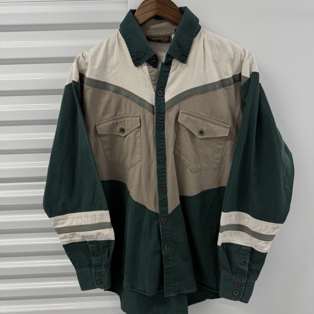 Vintage Spindle River Western Shirt Mens Colorblock Green Tan Pearl Snap Style